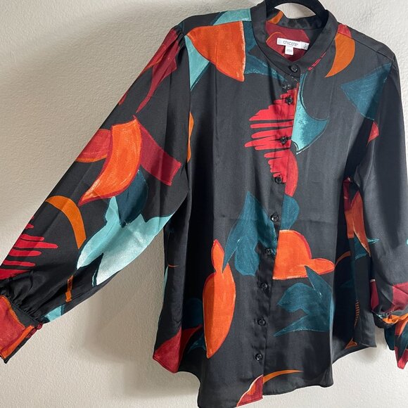 CHICOS Womens 12 Abstract Print Button Up Blouse Long Sleeve Tie Cuff Shirt Top - Picture 11 of 13